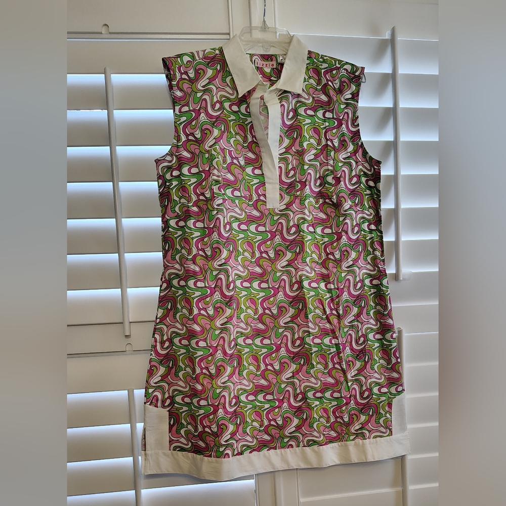 NWT TIZZIE PINK GREEN MOD SPLIT NECK COTTON DRESS with POCKETS WOMEN'S Sz XL. - Picture 3 of 8